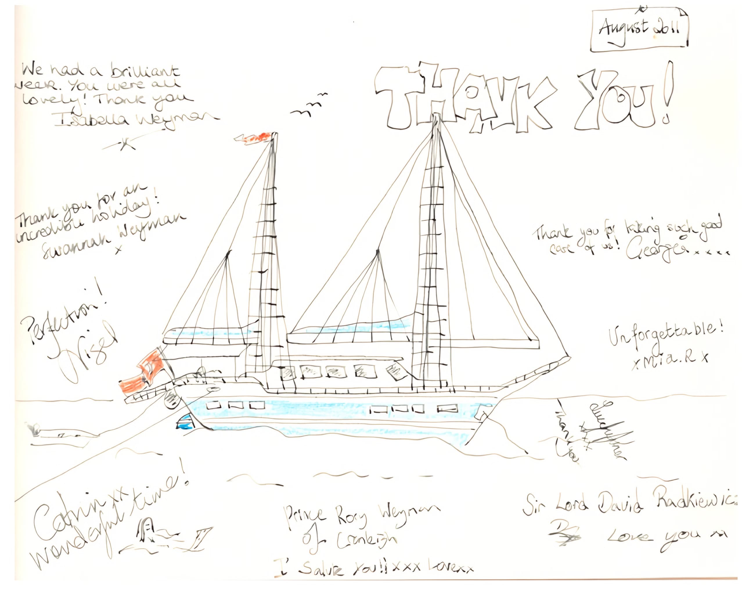 Guest-book page from August 2011: a drawing of a two-masted gulet surrounded by thank-you messages