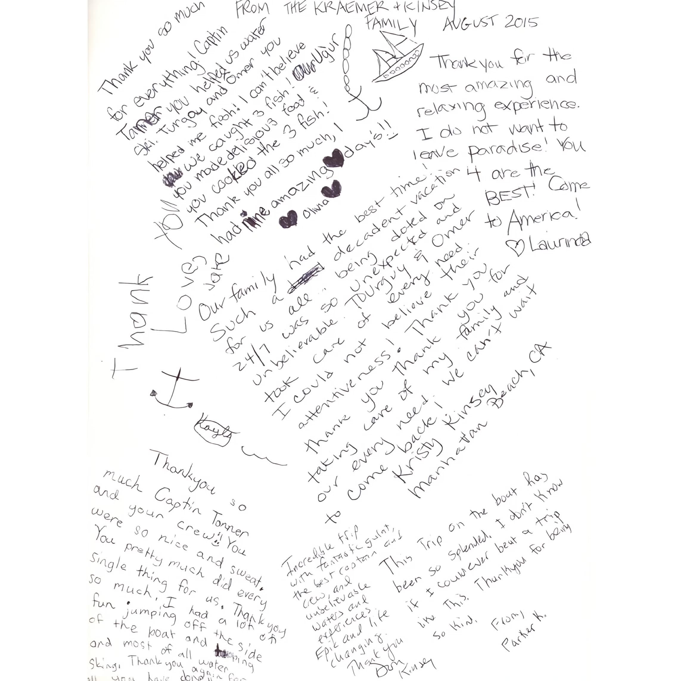 A page of thank-you messages from two families, August 2015