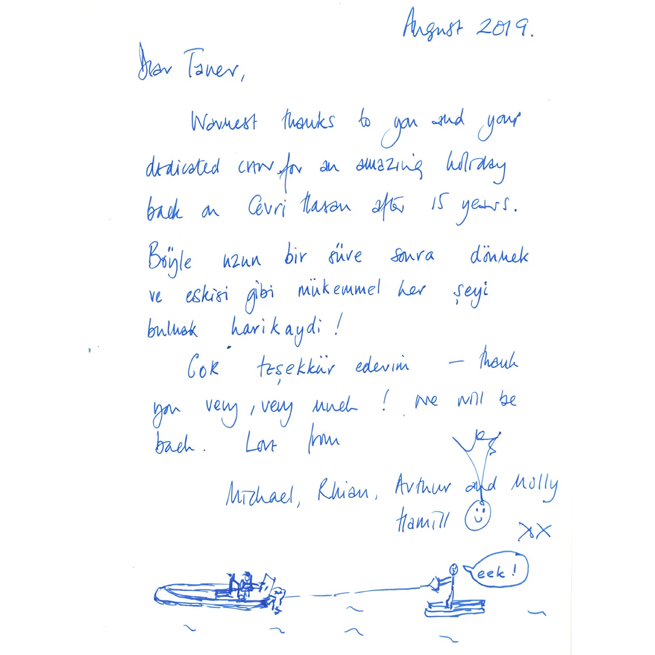 Letter from August 2019 by a family who came back aboard Cevri Hasan after 15 years, written partly in Turkish
