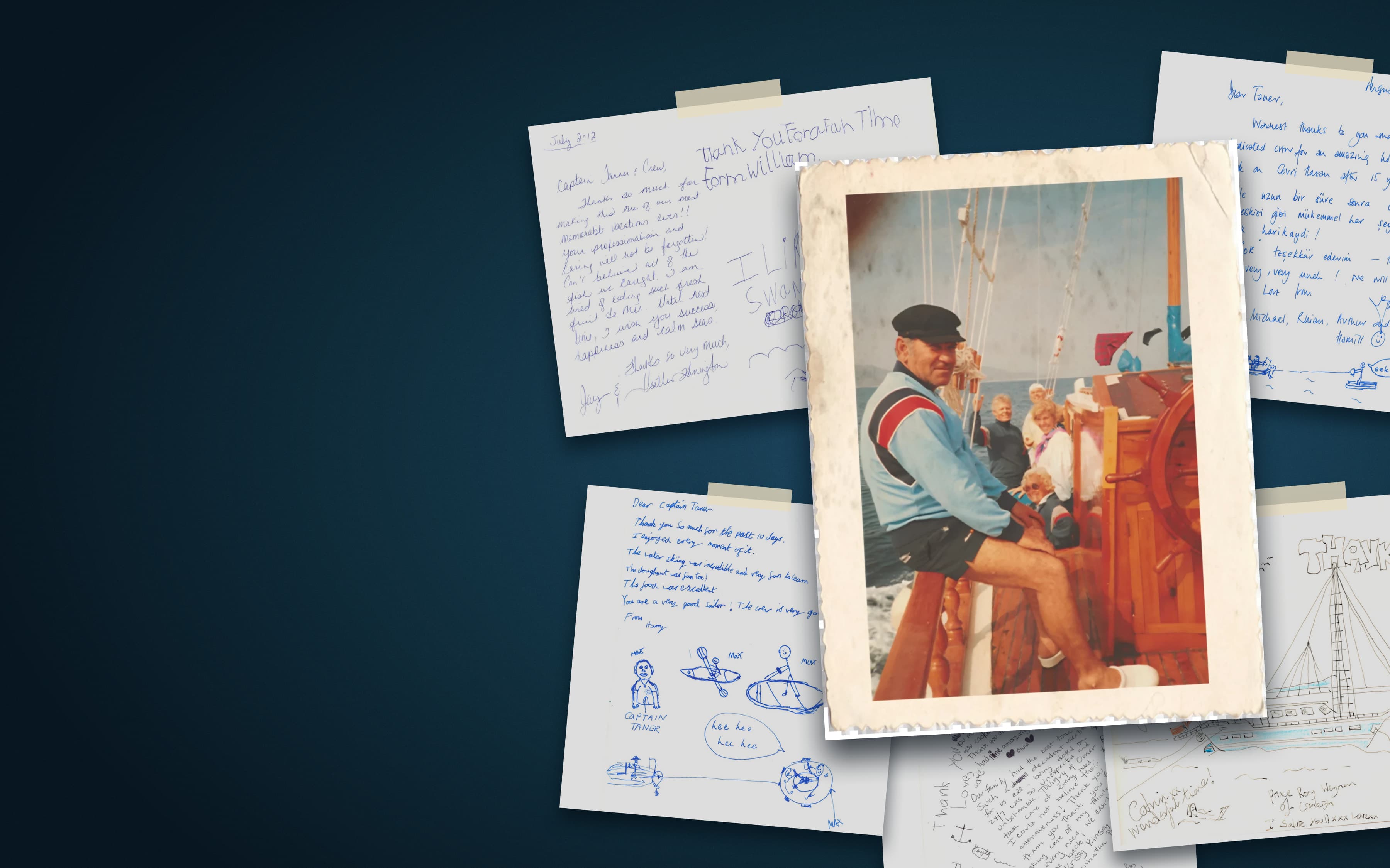 An old photo of a captain at the wheel of a wooden gulet, among handwritten notes from our guest book