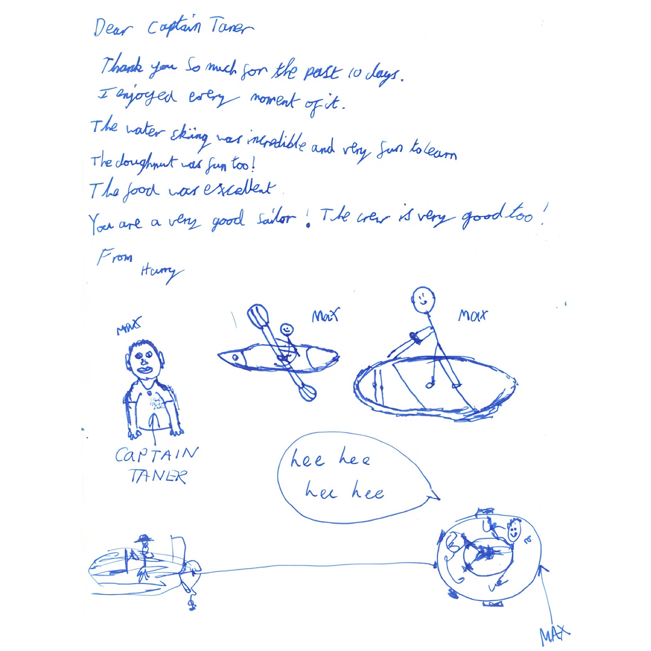 Note to Captain Taner about learning to water-ski, with children’s drawings of the captain, a kayak and a paddleboard