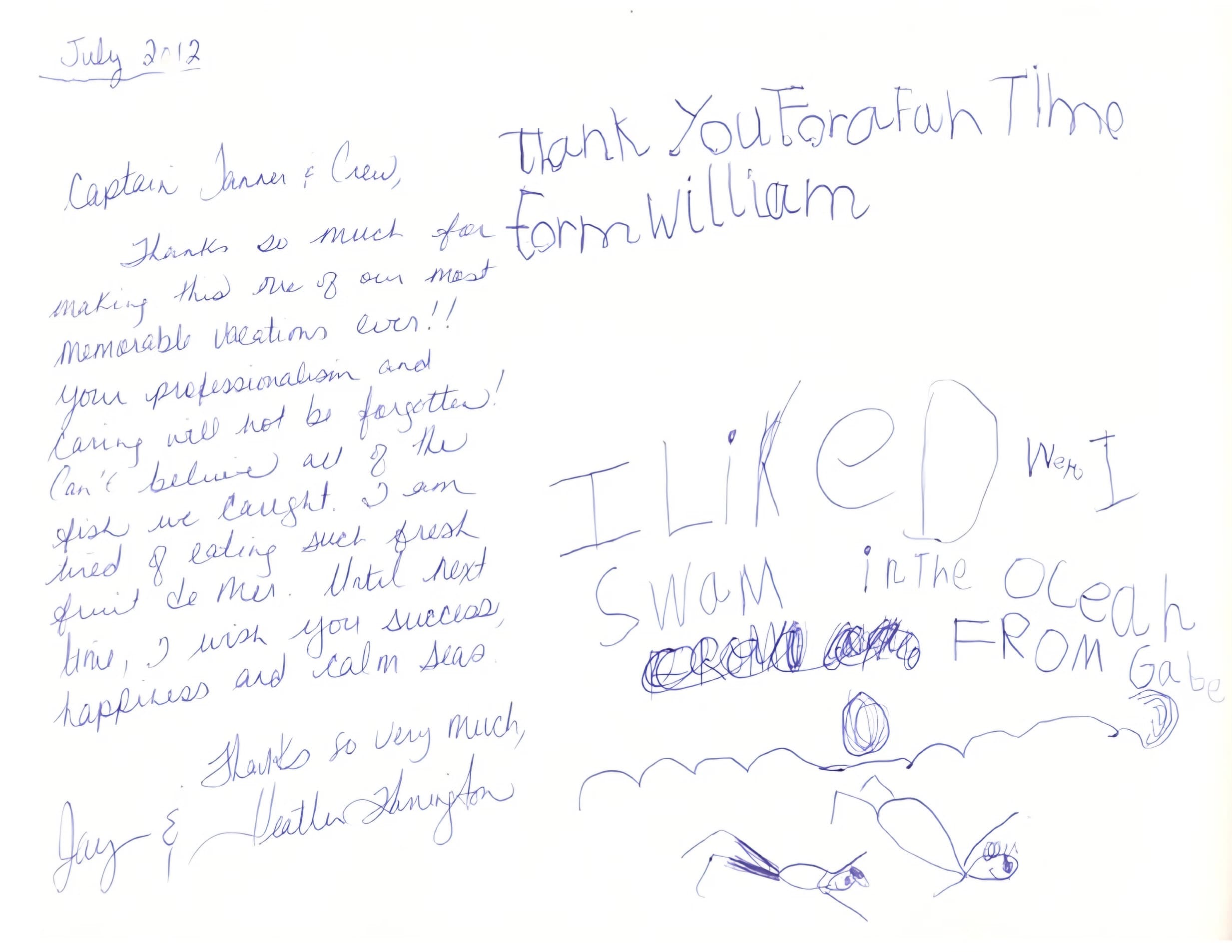 Handwritten thank-you note to Captain Taner and crew from July 2012, with a child’s drawing of swimming in the sea